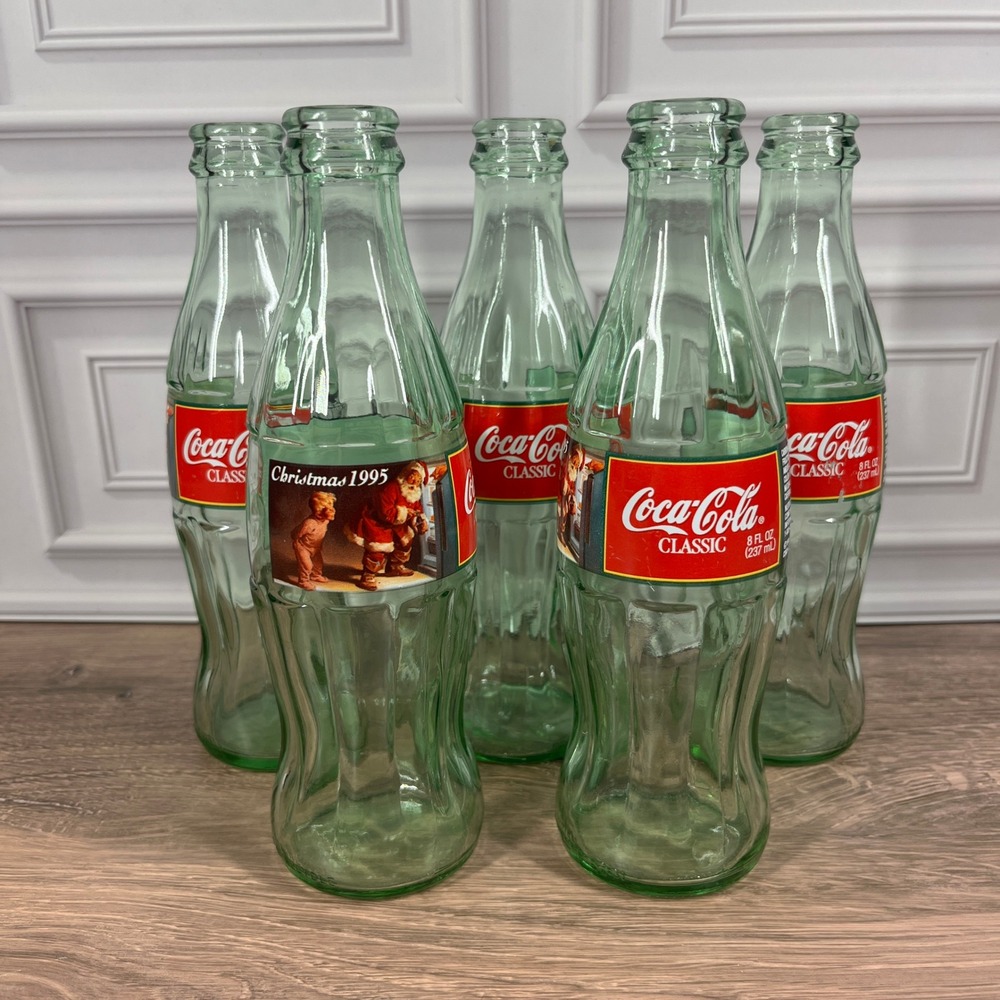 Coca-Cola Glass Bottles 5-Pack Christmas 1995 Green 8oz Santa Holiday Decor